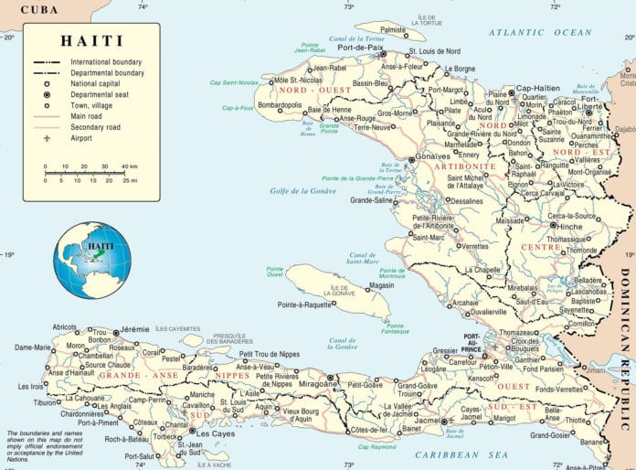 Map of Haiti with departments, cities and offshore islands