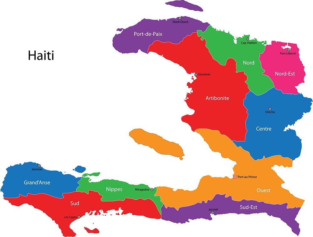 Map of the Republic of Haiti with the departments colored in bright colors - photo sketch